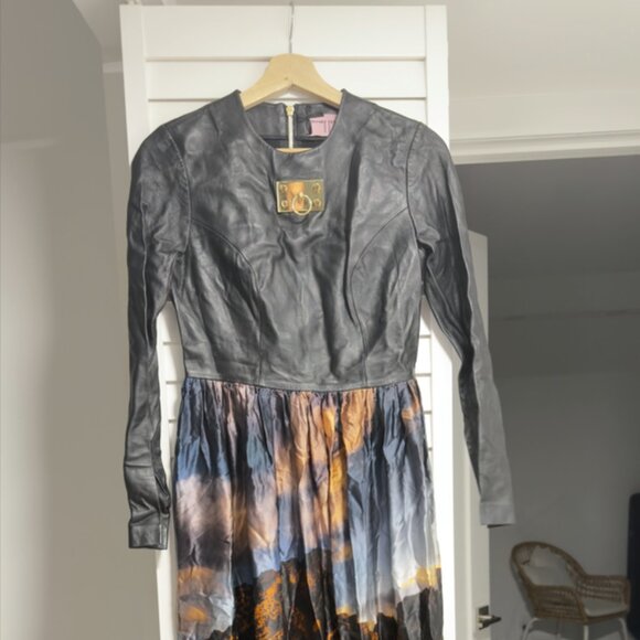 Zeynep Tosun Leather Bodice Maxi Dress – Gold Hardware, Printed Skirt, Designer - Picture 1 of 3